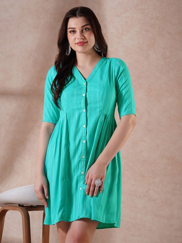 Globus Women Sea Green Self Design V-Neck Embroidered Detail Button Down A-Line Mini Dress