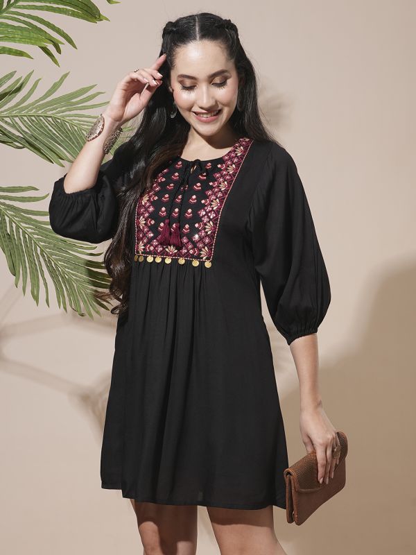 Globus Women Black Embroidered Yoke Tie-Up Detailing Bishop Sleeves Gathered A-Line Mini Workwear Dress