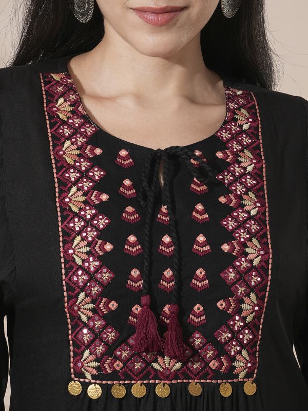 Globus Women Black Embroidered Yoke Tie-Up Detailing Bishop Sleeves Gathered A-Line Mini Workwear Dress