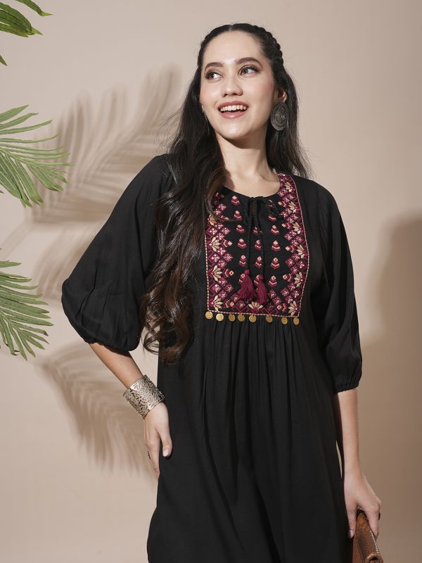 Globus Women Black Embroidered Yoke Tie-Up Detailing Bishop Sleeves Gathered A-Line Mini Workwear Dress