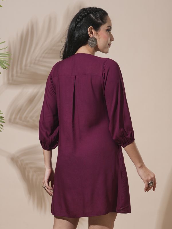 Globus Women Burgundy Embroidered Yoke Tie-Up Detailing Bishop Sleeves Gathered A-Line Mini Workwear Dress