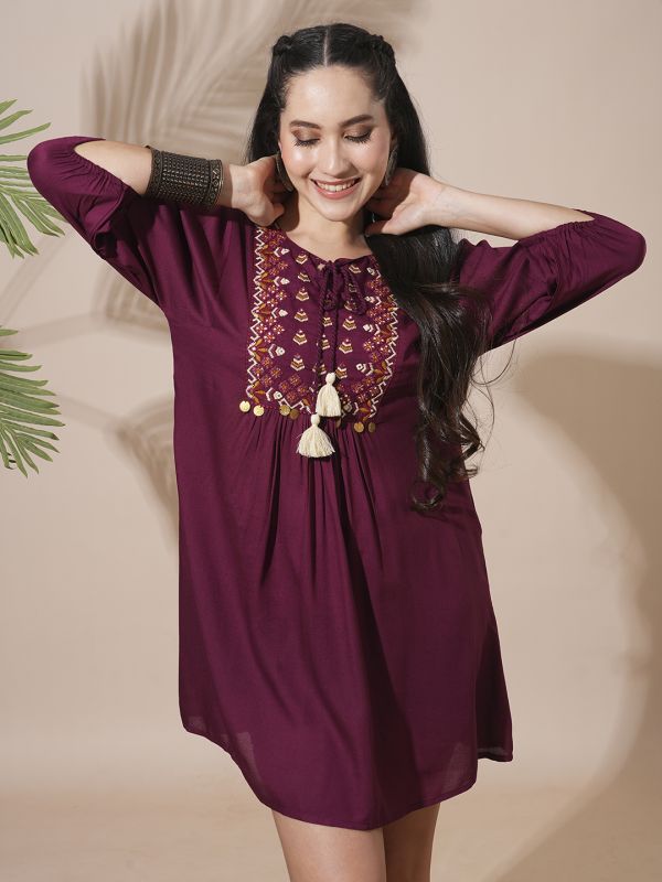 Globus Women Burgundy Embroidered Yoke Tie-Up Detailing Bishop Sleeves Gathered A-Line Mini Workwear Dress