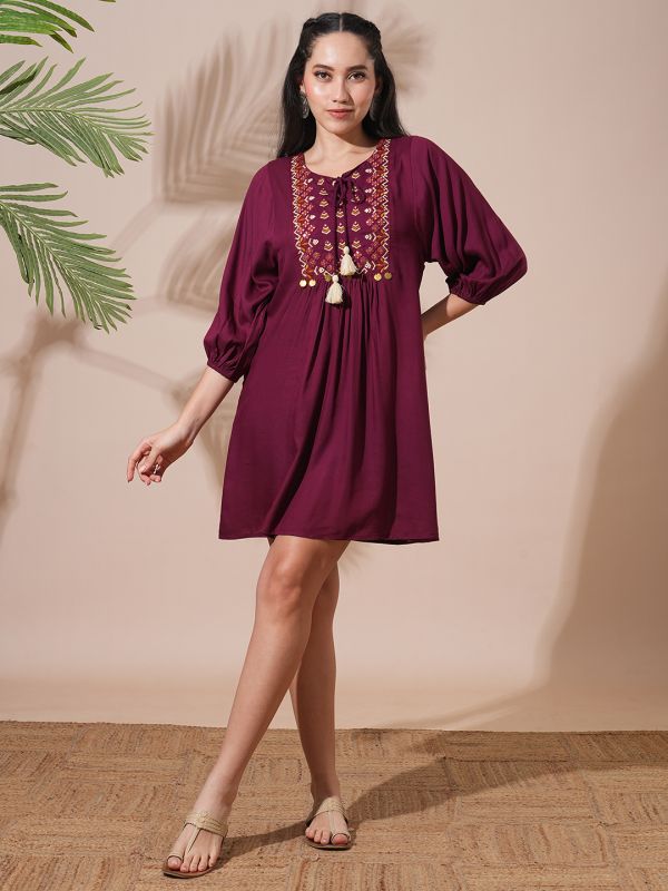 Globus Women Burgundy Embroidered Yoke Tie-Up Detailing Bishop Sleeves Gathered A-Line Mini Workwear Dress