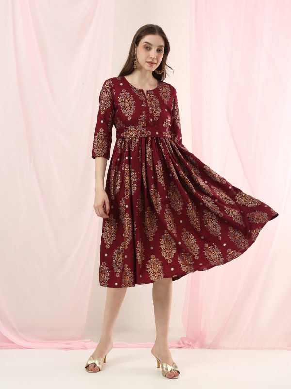 Globus Women Burgundy Ethnic Motifs Round Neck Belted Midi A-Line Dress