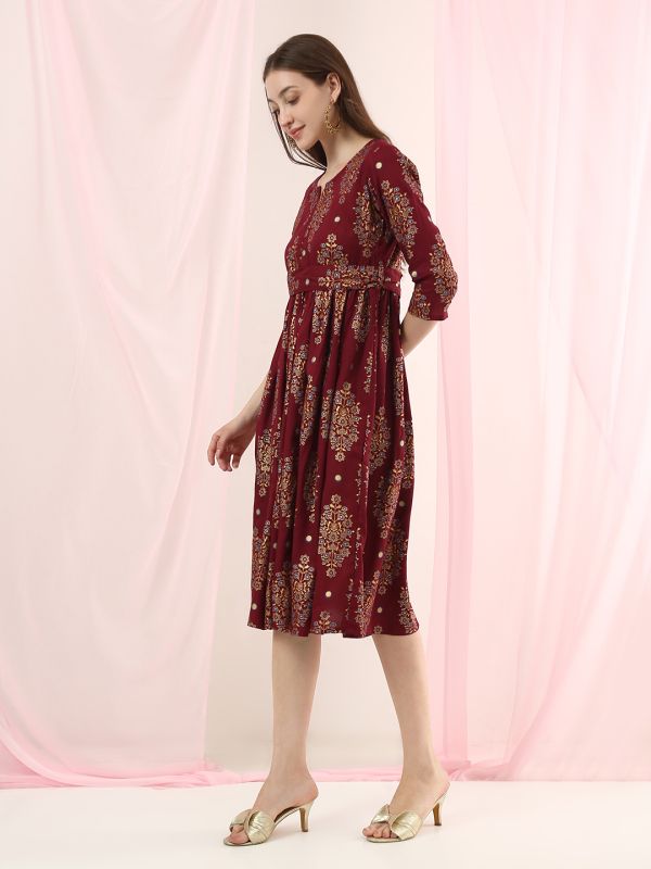 Globus Women Burgundy Ethnic Motifs Round Neck Belted Midi A-Line Dress