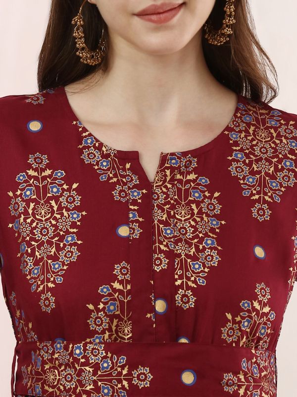 Globus Women Burgundy Ethnic Motifs Round Neck Belted Midi A-Line Dress