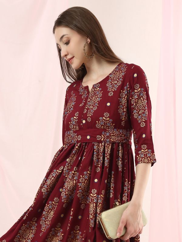 Globus Women Burgundy Ethnic Motifs Round Neck Belted Midi A-Line Dress