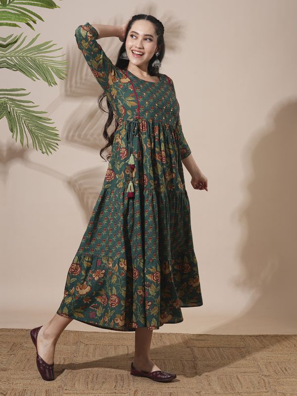 Globus Women Green Allover Floral Printed Abla Work Waist Tie-Up Detailing A-Line Tiered Midi Workwear Dress