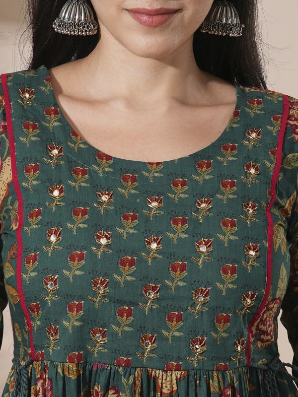 Globus Women Green Allover Floral Printed Abla Work Waist Tie-Up Detailing A-Line Tiered Midi Workwear Dress