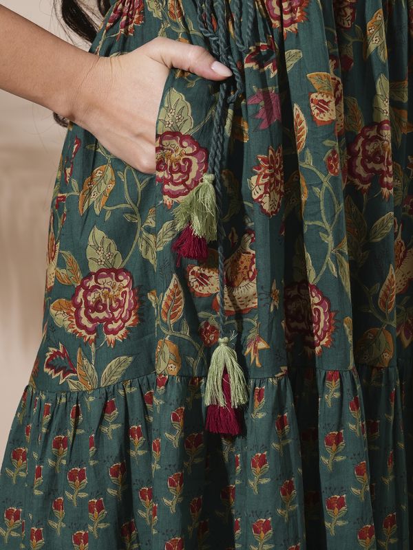 Globus Women Green Allover Floral Printed Abla Work Waist Tie-Up Detailing A-Line Tiered Midi Workwear Dress
