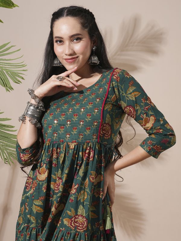 Globus Women Green Allover Floral Printed Abla Work Waist Tie-Up Detailing A-Line Tiered Midi Workwear Dress