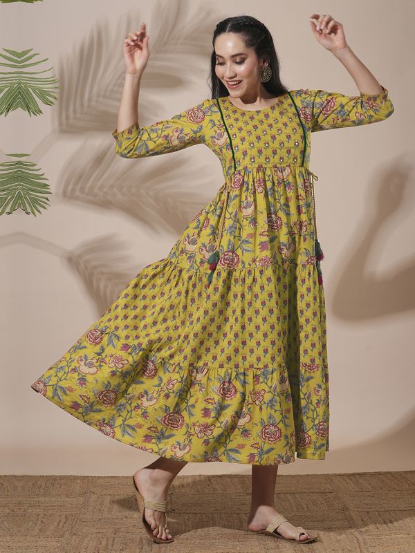 Globus Women Yellow Allover Floral Printed Abla Work Waist Tie-Up Detailing A-Line Tiered Midi Workwear Dress