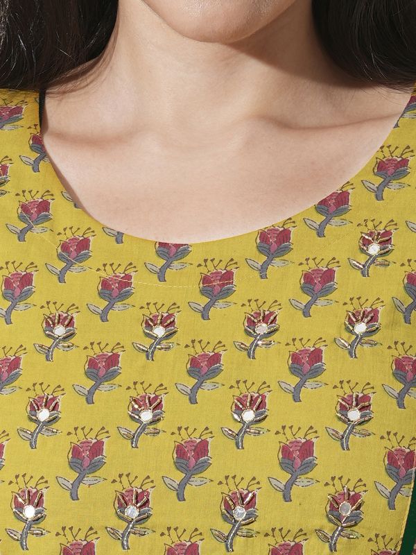 Globus Women Yellow Allover Floral Printed Abla Work Waist Tie-Up Detailing A-Line Tiered Midi Workwear Dress