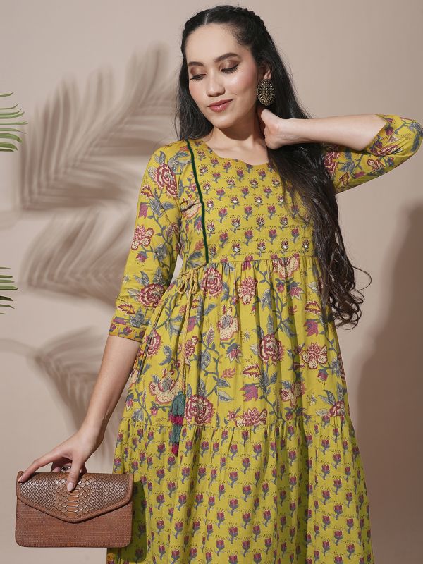 Globus Women Yellow Allover Floral Printed Abla Work Waist Tie-Up Detailing A-Line Tiered Midi Workwear Dress