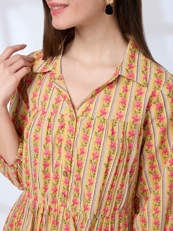 Globus Women Yellow Shirt Collar Regular Sleeves Floral Print A-line Tiered Work Wear Dress