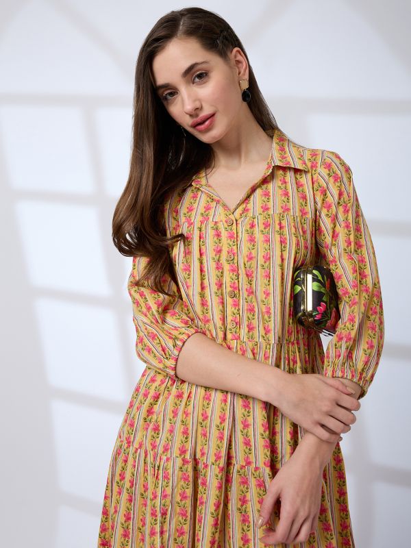 Globus Women Yellow Shirt Collar Regular Sleeves Floral Print A-line Tiered Work Wear Dress