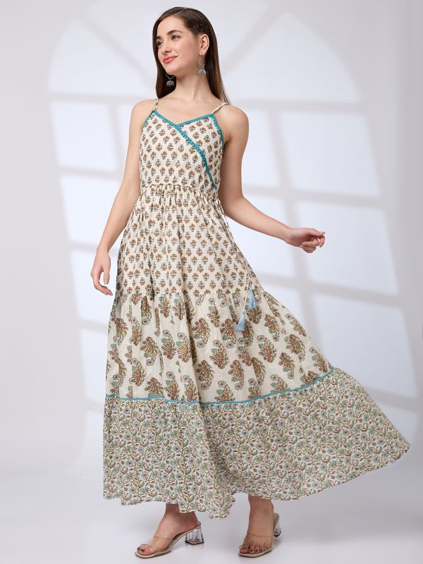 Globus Women Blue V-Neck Strappy Shoulder Tassel Waist Tie-Ups Floral Print Flared Hem A-Line Fusion Maxi Dress
