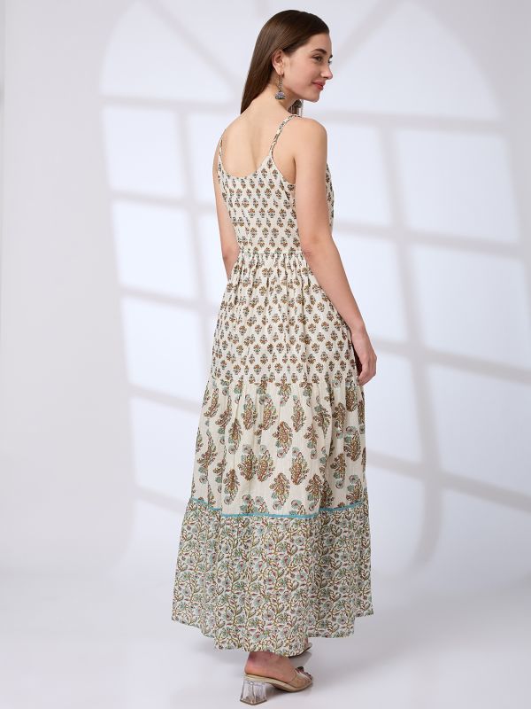 Globus Women Blue V-Neck Strappy Shoulder Tassel Waist Tie-Ups Floral Print Flared Hem A-Line Fusion Maxi Dress