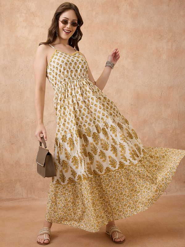 Globus Women Yellow Floral Print V-Neck Shoulder Strap Fit & Flared Tiered Maxi Fusion Dress