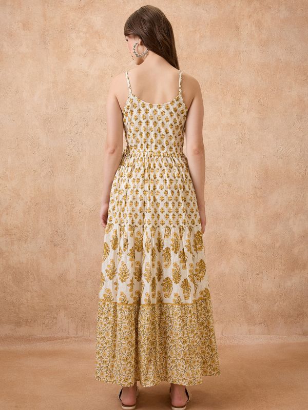 Globus Women Yellow Floral Print V-Neck Shoulder Strap Fit & Flared Tiered Maxi Fusion Dress