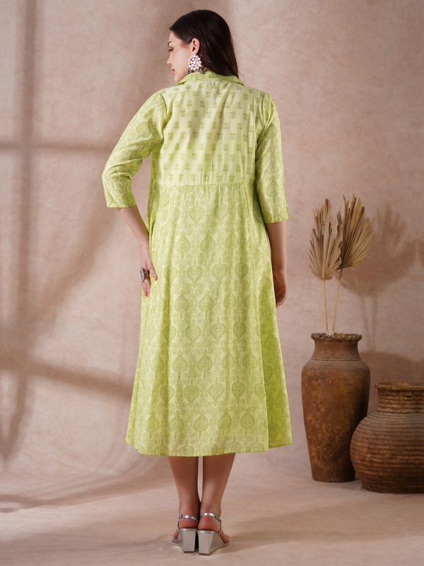 Globus Women Green Strappy Shoulder Gathered A-Line Midi Ethnic Dress with Shirt Style Printed Shrug