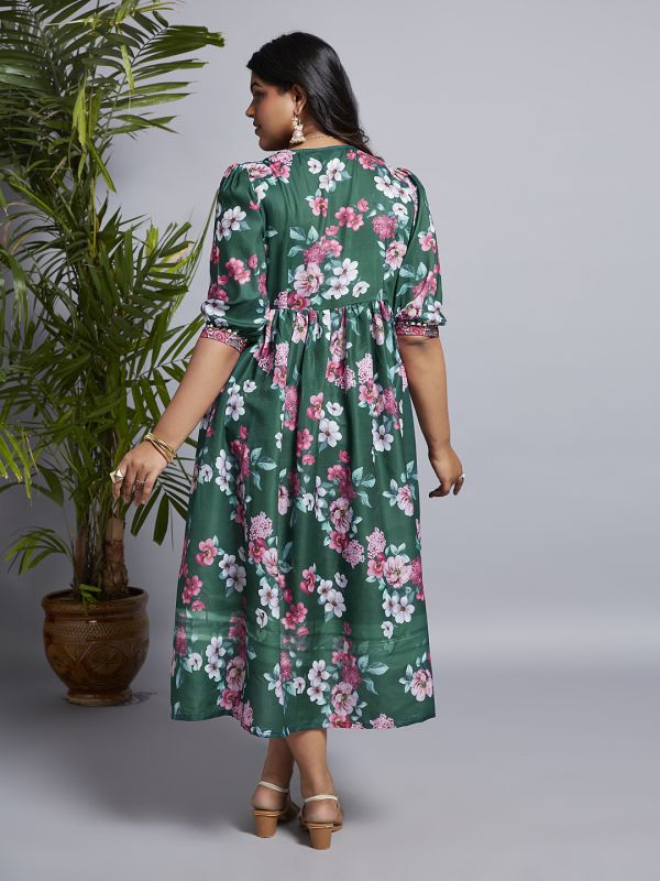 Globus Gloplus Women Green V-Neck Puff Sleeves Floral Print Lace Detailing A-Line Plus Size Midi Fusion Dress