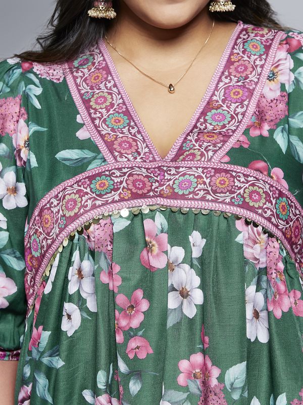 Globus Gloplus Women Green V-Neck Puff Sleeves Floral Print Lace Detailing A-Line Plus Size Midi Fusion Dress