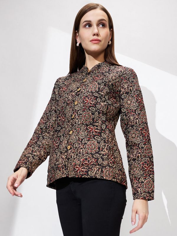 Globus Women Black Mandarin Collar Long Sleeves Floral Print Relaxed Fit Quilted Reversible Winter Shrug