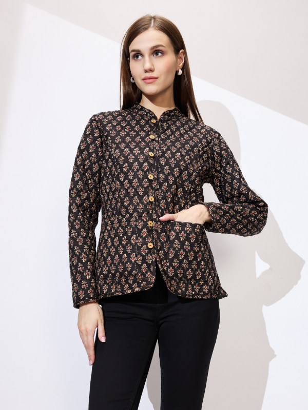 Globus Women Black Mandarin Collar Long Sleeves Floral Print Relaxed Fit Quilted Reversible Winter Shrug