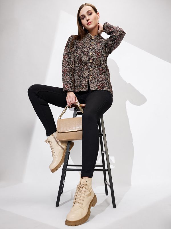Globus Women Black Mandarin Collar Long Sleeves Floral Print Relaxed Fit Quilted Reversible Winter Shrug