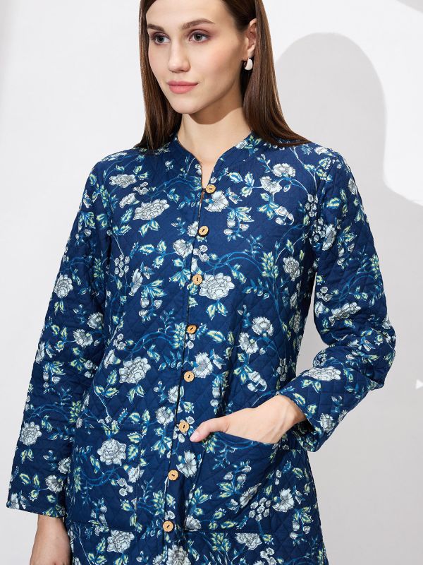 Globus Women Blue Mandarin Collar Long Sleeves Floral Print Quilted Knee Length Curved Hem Reversible Winter Shrug