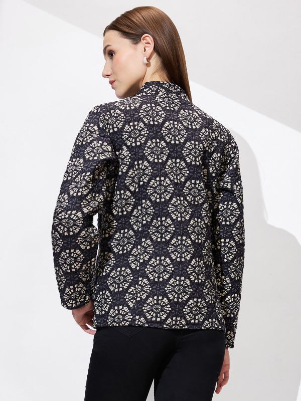 Globus Women Black Mandarin Collar Long Sleeves Ethnic Print Relaxed Fit Quilted Reversible Winter Shrug