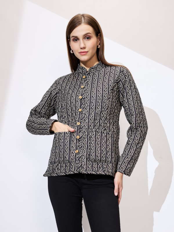Globus Women Black Mandarin Collar Long Sleeves Ethnic Print Relaxed Fit Quilted Reversible Winter Shrug