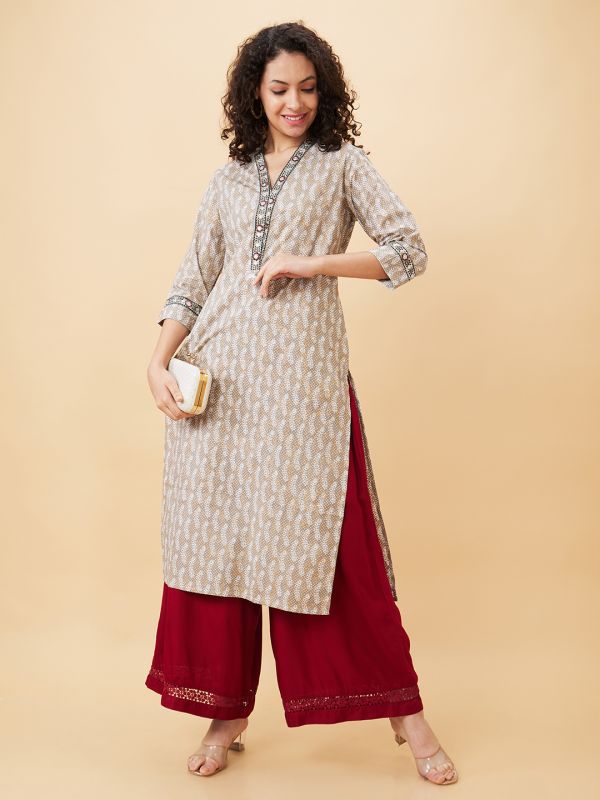 Globus Women Taupe Printed V-Neck A-Line Kurta