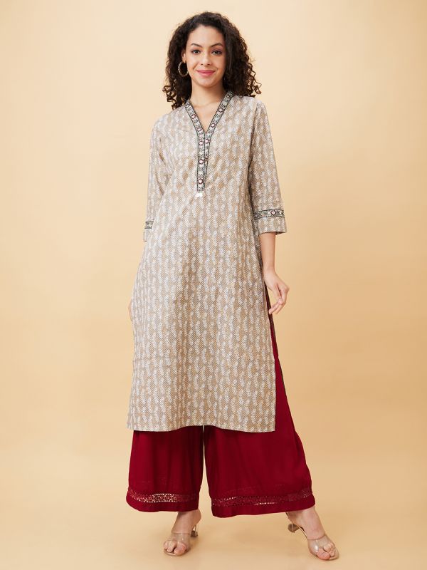Globus Women Taupe Printed V-Neck A-Line Kurta