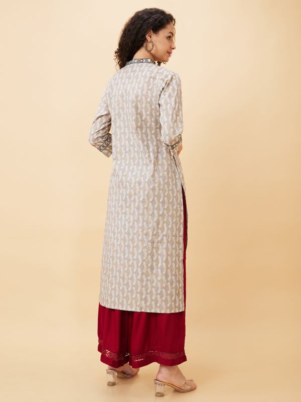 Globus Women Taupe Printed V-Neck A-Line Kurta