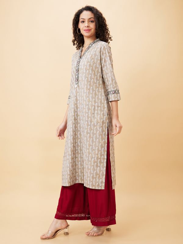 Globus Women Taupe Printed V-Neck A-Line Kurta