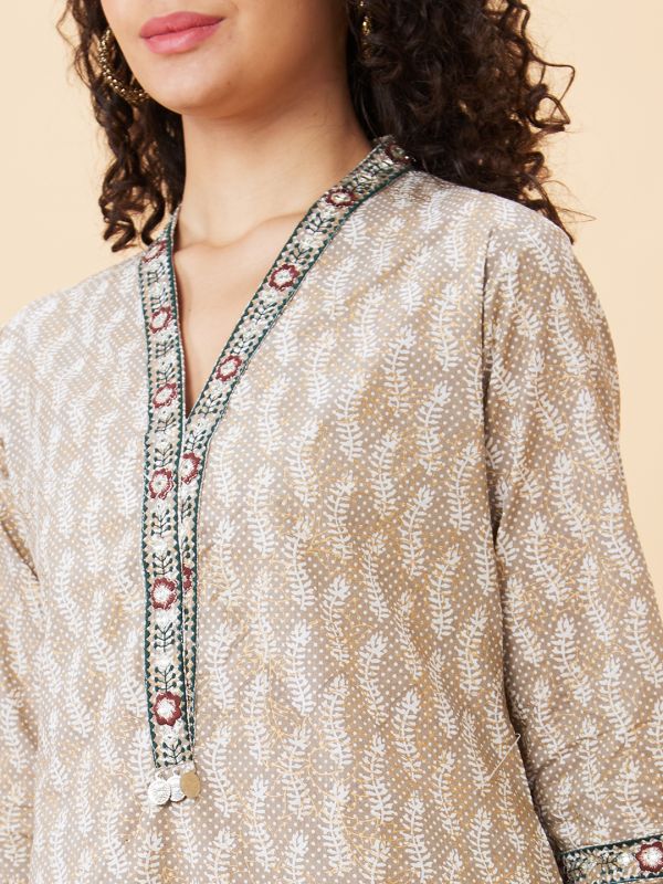 Globus Women Taupe Printed V-Neck A-Line Kurta