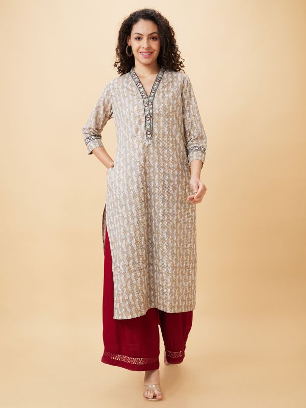 Globus Women Taupe Printed V-Neck A-Line Kurta