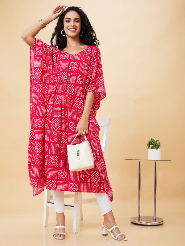Globus Women Pink Printed V-Neck Kaftan Kurta