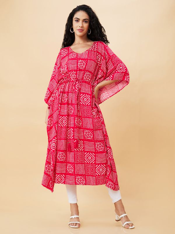 Globus Women Pink Printed V-Neck Kaftan Kurta