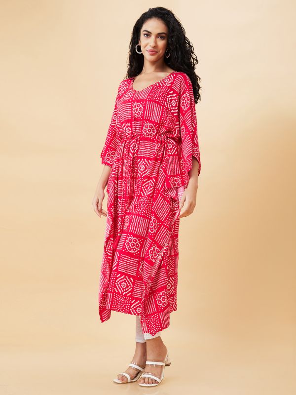 Globus Women Pink Printed V-Neck Kaftan Kurta