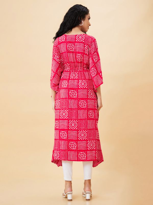 Globus Women Pink Printed V-Neck Kaftan Kurta