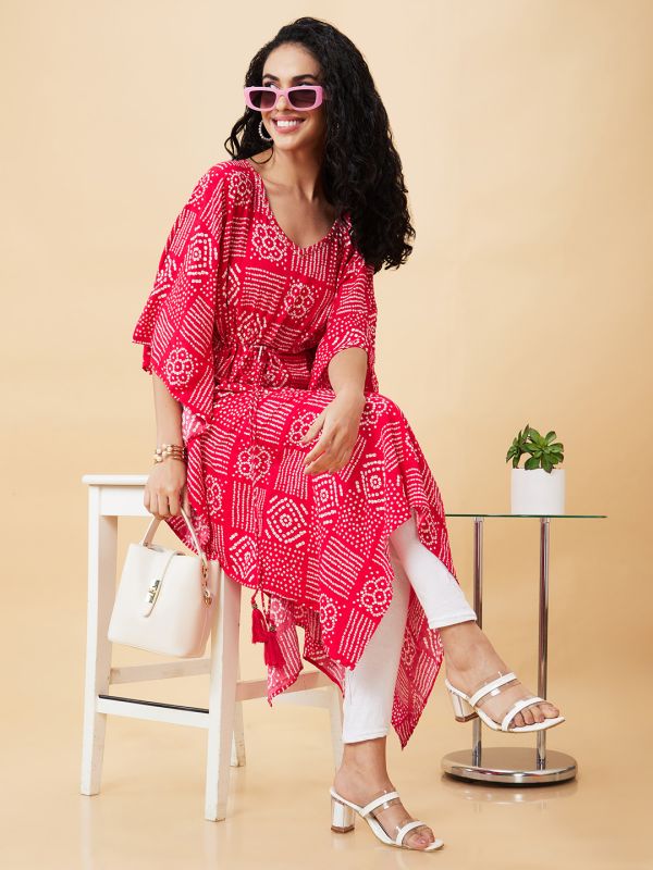 Globus Women Pink Printed V-Neck Kaftan Kurta