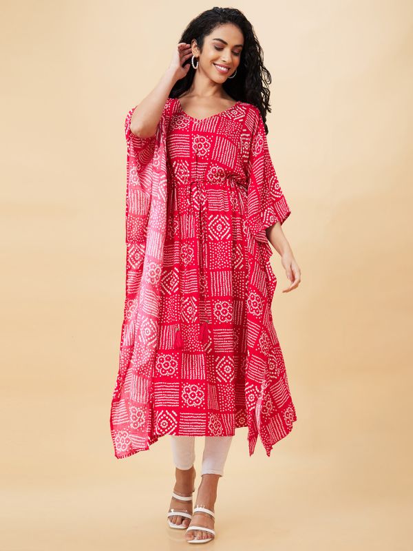 Globus Women Pink Printed V-Neck Kaftan Kurta