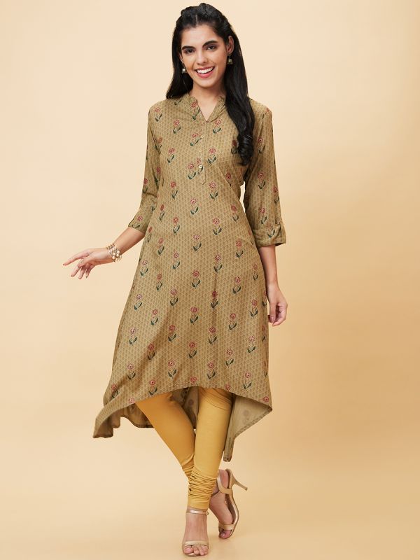 Globus Women Taupe Printed Mandarin Collar A-Line Kurta