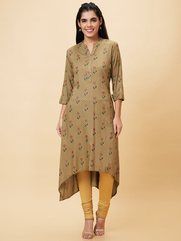 Globus Women Taupe Printed Mandarin Collar A-Line Kurta