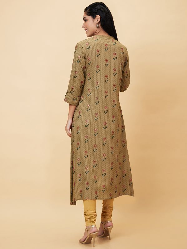 Globus Women Taupe Printed Mandarin Collar A-Line Kurta