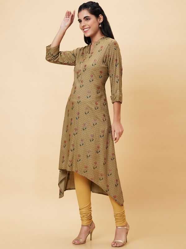 Globus Women Taupe Printed Mandarin Collar A-Line Kurta