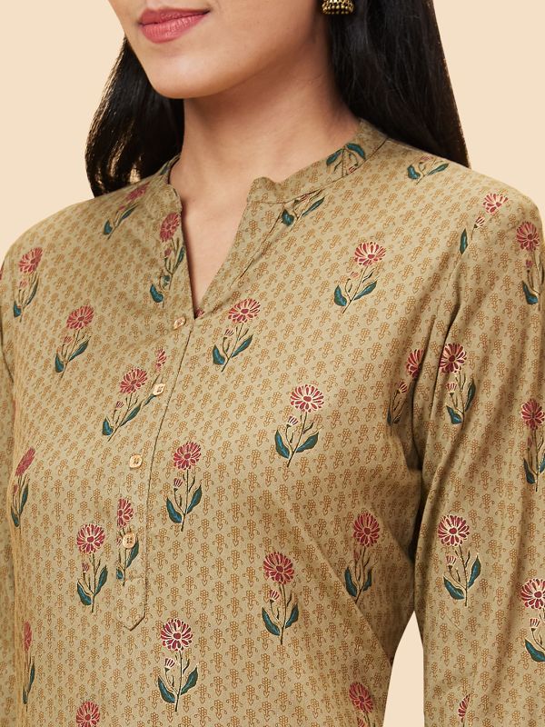 Globus Women Taupe Printed Mandarin Collar A-Line Kurta